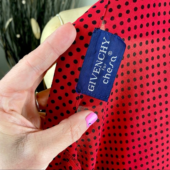 VINTAGE Givenchy Sheer Red Black Polka Dot Top Puff Sleeve Shoulder Blouse Shirt - Picture 8 of 9